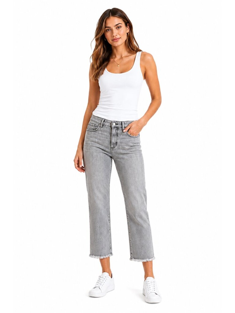 LOFT Denim The Straight Crop Jeans Gray Wash Raw Hem Size 27/4